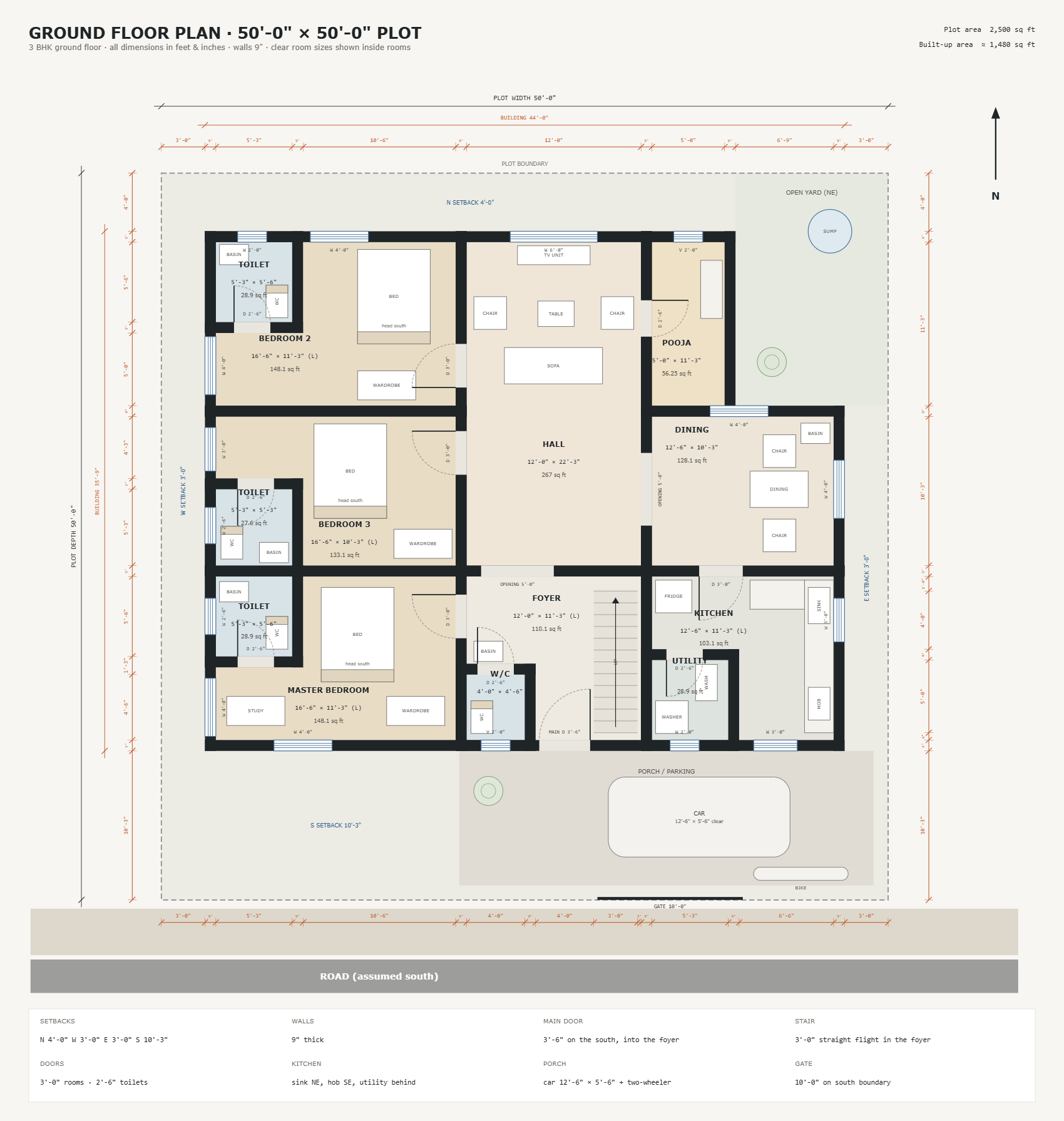 A 50 by 50 ground floor plan drawn to scale: three bedrooms with attached toilets, hall, pooja room, dining, kitchen with utility, foyer with stair, open yard and porch parking, fully dimensioned